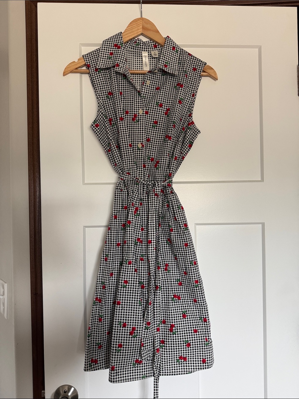 Tacera Gingham Shirt Dress with Red Cherry Print